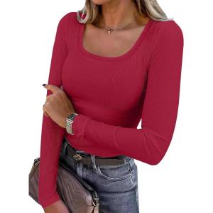 ANRABESS Womens Long Sleeve Shirts Scoop Neck Ribbed Knit Slim Fitted Tops Casual Basic Tee 2025 Fall Fashion Outfits Clothes(Red)