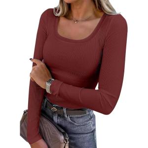 ANRABESS Womens Long Sleeve Shirts Scoop Neck Ribbed Knit Slim Fitted Tops Casual Basic Tee 2025 Fall Fashion Outfits Clothes(Red Brown)