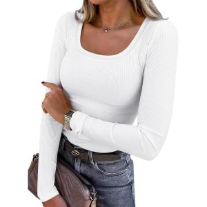 ANRABESS Womens Long Sleeve Shirts Scoop Neck Ribbed Knit Slim Fitted Tops Casual Basic Tee 2025 Fall Fashion Outfits Clothes(White)