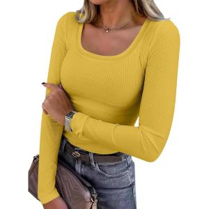 ANRABESS Womens Long Sleeve Shirts Scoop Neck Ribbed Knit Slim Fitted Tops Casual Basic Tee 2025 Fall Fashion Outfits Clothes(Yellow)