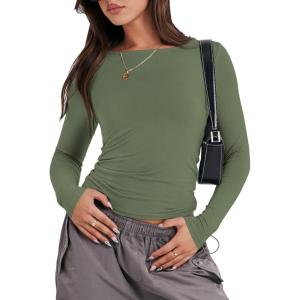ANRABESS Women’s Long Sleeve Shirts Tight Fitted Going Out Crop Tops Crewneck Basic Tee Y2k Fall Outfits Teens Girls Clothes(Army Green)