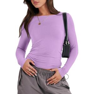 ANRABESS Women’s Long Sleeve Shirts Tight Fitted Going Out Crop Tops Crewneck Basic Tee Y2k Fall Outfits Teens Girls Clothes(Bright Purple)