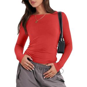 ANRABESS Women’s Long Sleeve Shirts Tight Fitted Going Out Crop Tops Crewneck Basic Tee Y2k Fall Outfits Teens Girls Clothes(Brilliant Red)