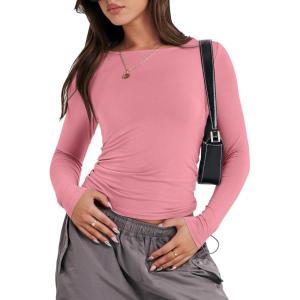 ANRABESS Women’s Long Sleeve Shirts Tight Fitted Going Out Crop Tops Crewneck Basic Tee Y2k Fall Outfits Teens Girls Clothes(Dark Pink)