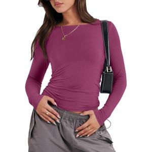 ANRABESS Women’s Long Sleeve Shirts Tight Fitted Going Out Crop Tops Crewneck Basic Tee Y2k Fall Outfits Teens Girls Clothes(Dark Purple)