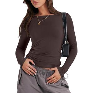 ANRABESS Women’s Long Sleeve Shirts Tight Fitted Going Out Crop Tops Crewneck Basic Tee Y2k Fall Outfits Teens Girls Clothes(Deep Brown)