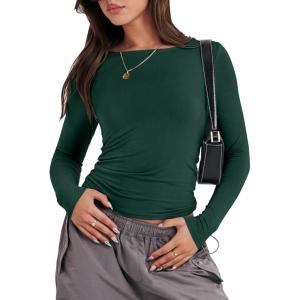 ANRABESS Women’s Long Sleeve Shirts Tight Fitted Going Out Crop Tops Crewneck Basic Tee Y2k Fall Outfits Teens Girls Clothes(Forest)