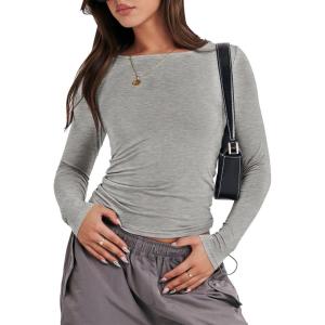 ANRABESS Women’s Long Sleeve Shirts Tight Fitted Going Out Crop Tops Crewneck Basic Tee Y2k Fall Outfits Teens Girls Clothes(Grey)