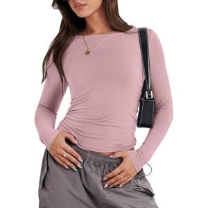 ANRABESS Women’s Long Sleeve Shirts Tight Fitted Going Out Crop Tops Crewneck Basic Tee Y2k Fall Outfits Teens Girls Clothes(Grey Pink)