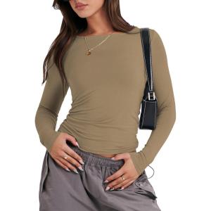 ANRABESS Women’s Long Sleeve Shirts Tight Fitted Going Out Crop Tops Crewneck Basic Tee Y2k Fall Outfits Teens Girls Clothes(Khaki)