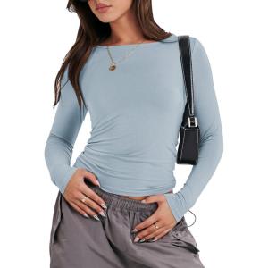 ANRABESS Women’s Long Sleeve Shirts Tight Fitted Going Out Crop Tops Crewneck Basic Tee Y2k Fall Outfits Teens Girls Clothes(Light Blue)