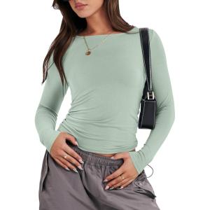 ANRABESS Women’s Long Sleeve Shirts Tight Fitted Going Out Crop Tops Crewneck Basic Tee Y2k Fall Outfits Teens Girls Clothes(Light Green)