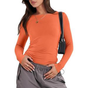 ANRABESS Women’s Long Sleeve Shirts Tight Fitted Going Out Crop Tops Crewneck Basic Tee Y2k Fall Outfits Teens Girls Clothes(Orange)
