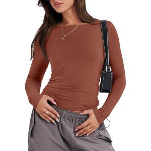 ANRABESS Women’s Long Sleeve Shirts Tight Fitted Going Out Crop Tops Crewneck Basic Tee Y2k Fall Outfits Teens Girls Clothes(Reddish Brown)