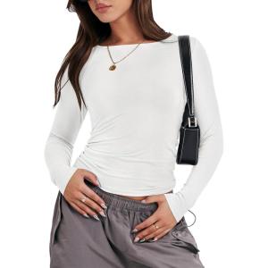 ANRABESS Women’s Long Sleeve Shirts Tight Fitted Going Out Crop Tops Crewneck Basic Tee Y2k Fall Outfits Teens Girls Clothes(White)