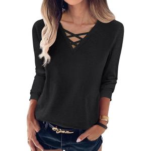ANRABESS Womens Long Sleeve Shirts V Neck Criss Cross Loose Fit Tops 2025 Fall Trendy Tees Dressy Casual Blouses T-Shirts(Black)