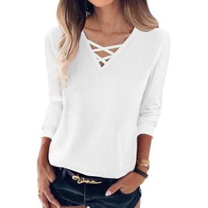 ANRABESS Womens Long Sleeve Shirts V Neck Criss Cross Loose Fit Tops 2025 Fall Trendy Tees Dressy Casual Blouses T-Shirts(White)