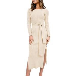 ANRABESS Womens Long Sleeve Sweater Dress Crew Neck Slim Fit Slit Tie Waist 2025 Ribbed Knit Bodycon Midi Dress Fall Outfits(Beige)