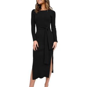 ANRABESS Womens Long Sleeve Sweater Dress Crew Neck Slim Fit Slit Tie Waist 2025 Ribbed Knit Bodycon Midi Dress Fall Outfits(Black)
