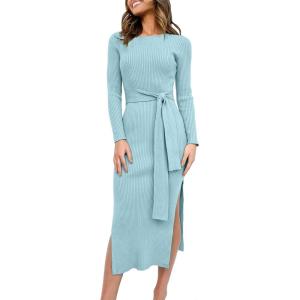 ANRABESS Womens Long Sleeve Sweater Dress Crew Neck Slim Fit Slit Tie Waist 2025 Ribbed Knit Bodycon Midi Dress Fall Outfits(Blue)
