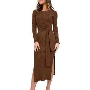 ANRABESS Womens Long Sleeve Sweater Dress Crew Neck Slim Fit Slit Tie Waist 2025 Ribbed Knit Bodycon Midi Dress Fall Outfits(Brown)