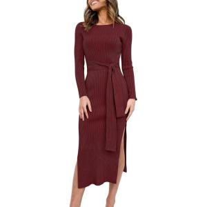 ANRABESS Womens Long Sleeve Sweater Dress Crew Neck Slim Fit Slit Tie Waist 2025 Ribbed Knit Bodycon Midi Dress Fall Outfits(Burgundy)