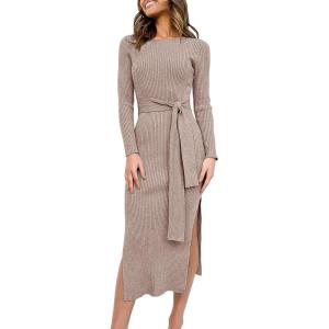 ANRABESS Womens Long Sleeve Sweater Dress Crew Neck Slim Fit Slit Tie Waist 2025 Ribbed Knit Bodycon Midi Dress Fall Outfits(Camel)