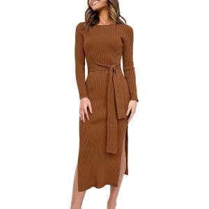 ANRABESS Womens Long Sleeve Sweater Dress Crew Neck Slim Fit Slit Tie Waist 2025 Ribbed Knit Bodycon Midi Dress Fall Outfits(Caramel)