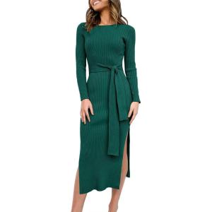ANRABESS Womens Long Sleeve Sweater Dress Crew Neck Slim Fit Slit Tie Waist 2025 Ribbed Knit Bodycon Midi Dress Fall Outfits(Dark Green)