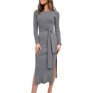 ANRABESS Womens Long Sleeve Sweater Dress Crew Neck Slim Fit Slit Tie Waist 2025 Ribbed Knit Bodycon Midi Dress Fall Outfits(Dark Grey)