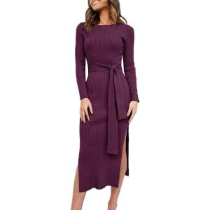 ANRABESS Womens Long Sleeve Sweater Dress Crew Neck Slim Fit Slit Tie Waist 2025 Ribbed Knit Bodycon Midi Dress Fall Outfits(Dark Purple)