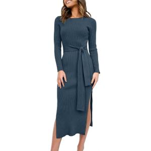 ANRABESS Womens Long Sleeve Sweater Dress Crew Neck Slim Fit Slit Tie Waist 2025 Ribbed Knit Bodycon Midi Dress Fall Outfits(Dusty Blue)