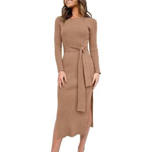 ANRABESS Womens Long Sleeve Sweater Dress Crew Neck Slim Fit Slit Tie Waist 2025 Ribbed Knit Bodycon Midi Dress Fall Outfits(Khaki)