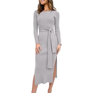 ANRABESS Womens Long Sleeve Sweater Dress Crew Neck Slim Fit Slit Tie Waist 2025 Ribbed Knit Bodycon Midi Dress Fall Outfits(Light Grey)