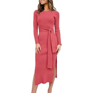 ANRABESS Womens Long Sleeve Sweater Dress Crew Neck Slim Fit Slit Tie Waist 2025 Ribbed Knit Bodycon Midi Dress Fall Outfits(Maroon)