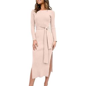 ANRABESS Womens Long Sleeve Sweater Dress Crew Neck Slim Fit Slit Tie Waist 2025 Ribbed Knit Bodycon Midi Dress Fall Outfits(Pink)