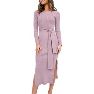 ANRABESS Womens Long Sleeve Sweater Dress Crew Neck Slim Fit Slit Tie Waist 2025 Ribbed Knit Bodycon Midi Dress Fall Outfits(Purple)