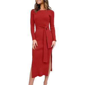 ANRABESS Womens Long Sleeve Sweater Dress Crew Neck Slim Fit Slit Tie Waist 2025 Ribbed Knit Bodycon Midi Dress Fall Outfits(Red)