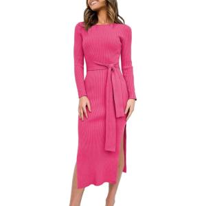 ANRABESS Womens Long Sleeve Sweater Dress Crew Neck Slim Fit Slit Tie Waist 2025 Ribbed Knit Bodycon Midi Dress Fall Outfits(Rose)