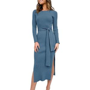 ANRABESS Womens Long Sleeve Sweater Dress Crew Neck Slim Fit Slit Tie Waist 2025 Ribbed Knit Bodycon Midi Dress Fall Outfits(Teal)