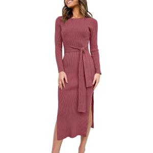 ANRABESS Womens Long Sleeve Sweater Dress Crew Neck Slim Fit Slit Tie Waist 2025 Ribbed Knit Bodycon Midi Dress Fall Outfits(Watermelon Red)