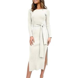 ANRABESS Womens Long Sleeve Sweater Dress Crew Neck Slim Fit Slit Tie Waist 2025 Ribbed Knit Bodycon Midi Dress Fall Outfits(White)