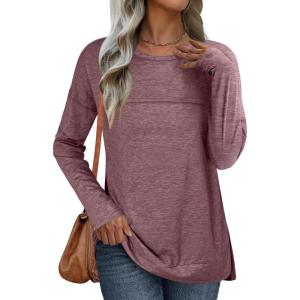 ANRABESS Womens Long Sleeve T Shirts Split Side Tunic Tops 2025 Fall Outfits(Burgundy)