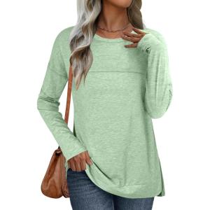 ANRABESS Womens Long Sleeve T Shirts Split Side Tunic Tops 2025 Fall Outfits(Light Green)