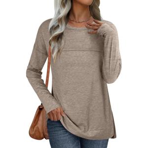 ANRABESS Womens Long Sleeve T Shirts Split Side Tunic Tops 2025 Fall Outfits(Light Khaki)