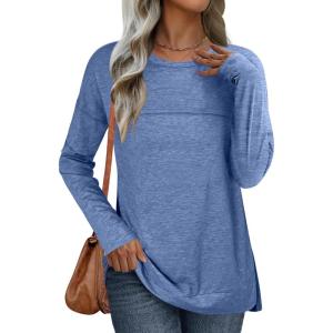 ANRABESS Womens Long Sleeve T Shirts Split Side Tunic Tops 2025 Fall Outfits(Navy)