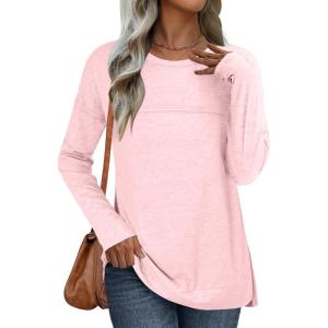 ANRABESS Womens Long Sleeve T Shirts Split Side Tunic Tops 2025 Fall Outfits(Pink)