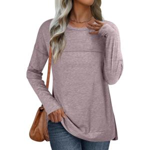 ANRABESS Womens Long Sleeve T Shirts Split Side Tunic Tops 2025 Fall Outfits(Rose Taupe)