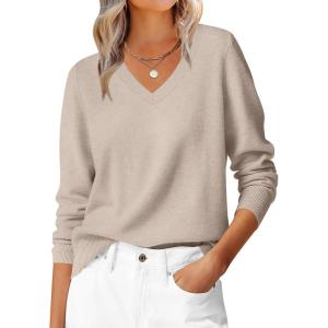 ANRABESS Womens Long Sleeve V Neck Sweaters 2025 Fall Casual Classic Soft Loose Fit Basic Pullover Jumper Top(Almond)