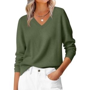 ANRABESS Womens Long Sleeve V Neck Sweaters 2025 Fall Casual Classic Soft Loose Fit Basic Pullover Jumper Top(Army Green)